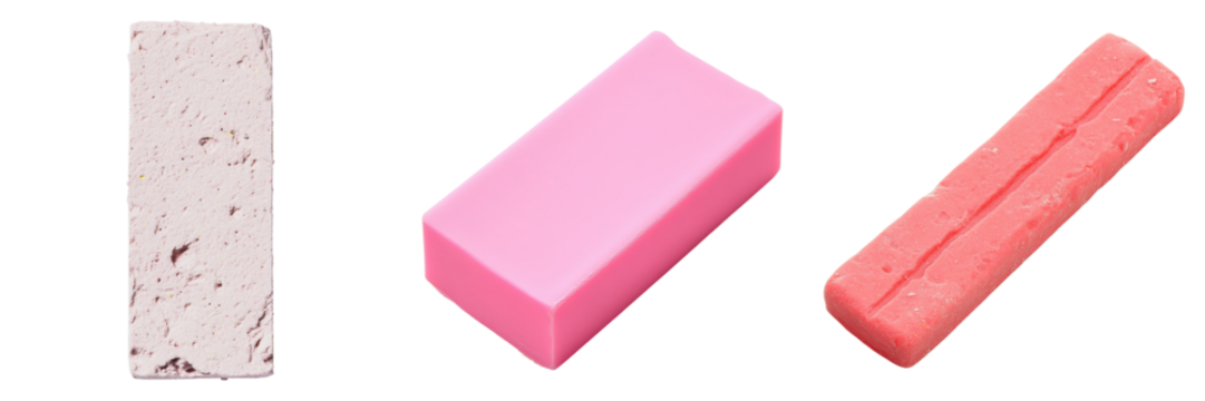 Three rectangular pink erasers, each slightly different, presented on a transparent background