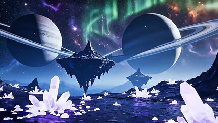 A fantastical cosmic landscape featuring planets, floating islands, and glowing crystal formations under a vibrant aurora.