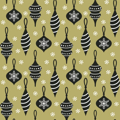 Seamless Pattern With Christmas Tree Ornaments and Snowflakes on Olive Gold Background