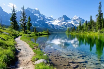 Pristine mountain lake reflecting snowy peaks in Glacier National Park