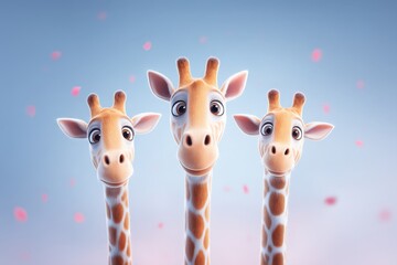 Cute Cartoon Giraffes with Big Eyes Standing in Pink Petal Shower on Light Blue Sky Background