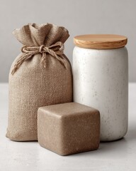Light beige linen bag, ceramic jar, and block