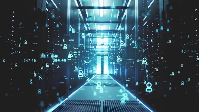 Futuristic server room flythrough with data and network overlays
