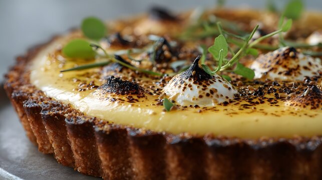 Ultra close-up of lemon tart with burnt tips and herbs, side space for presentation 