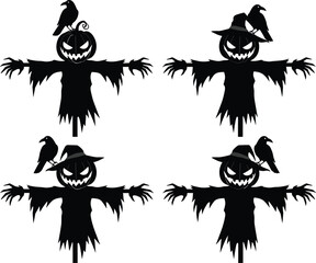 Spooky Halloween scarecrow vector set with pumpkin heads, creepy hands, ravens, witch hats, dark shadows, eerie faces, and haunting Halloween vibes.