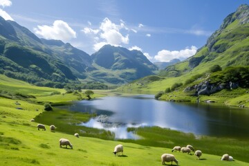 Sheep grazing near idyllic mountain lake in Pyrenees National Park