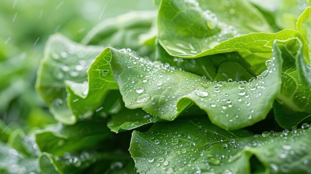 A macro photograph of a dew-kissed lettuce leaf. - Powered by Adobe