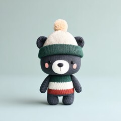 Cute Knitted Bear Toy Wearing Winter Hat and Sweater in Light Blue Background