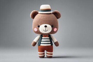 Crocheted Teddy Bear Wearing Striped Outfit and Hat Standing on Gray Background