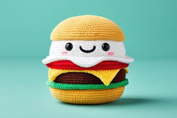 Cute Crochet Hamburger Toy with Smiling Face in Bright Colors on Light Background