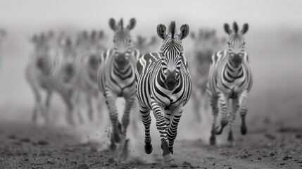 Fototapeta premium A black and white photo of a zebra herd running across the plains.