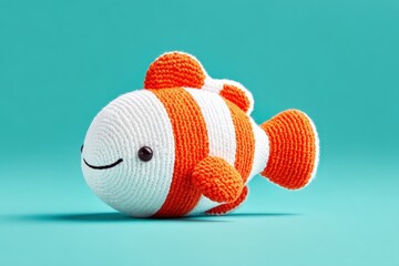 Cute Orange White Striped Knitted Fish Toy on Bright Turquoise Background