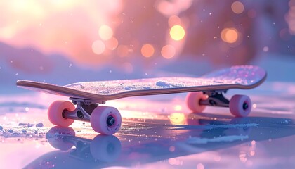 Pink skateboard in winter wonderland