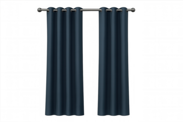 Blue curtains draping from metal rod, providing privacy and soft ambiance against transparent background for seamless design integration