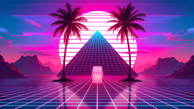 Retro futuristic neon pyramid oasis with palm trees and grid landscape