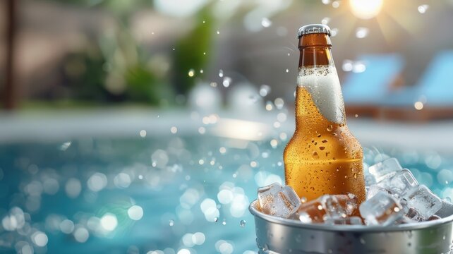 A beer bottle chilling in a bucket of ice, ready to quench thirst on a hot day.
