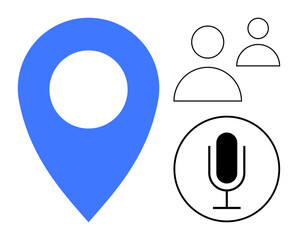Blue geolocation pin, black microphone in a circle, and two user icons symbolizing navigation, virtual communication, teamwork. Ideal for apps, maps, accessibility, collaboration technology