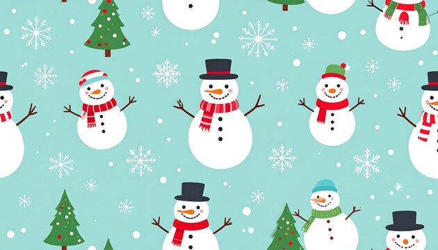 Festive winter pattern with snowmen and Christmas trees