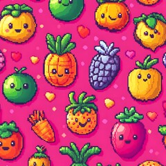 Fototapeta premium Cute tropical fruit seamless pattern with smiling pineapples and berries, playful food background for children products and summer branding