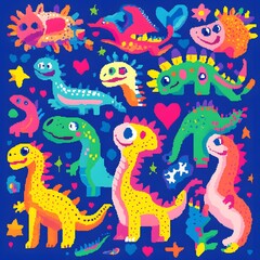 Fototapeta premium Cute dinosaur seamless pattern with colorful cartoon reptiles and hearts, playful prehistoric background for children branding and nursery decor
