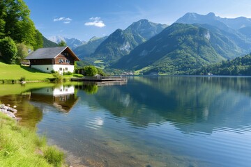Obraz premium Beautiful alpine landscape reflecting on a crystal clear lake in Austria