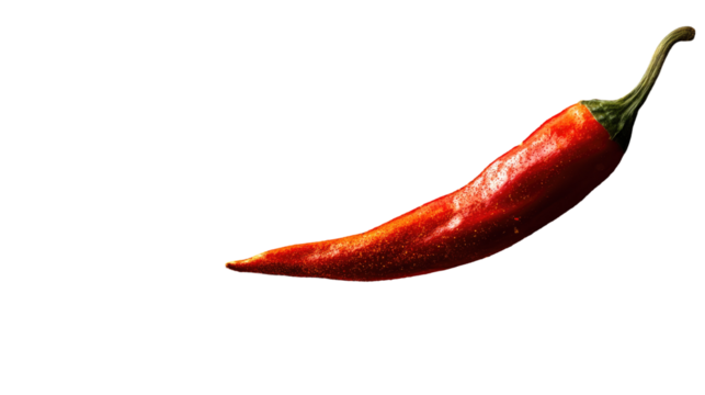 Close-up of a vibrant red chili pepper against a black background.  The pepper is whole, angled, and shows a glossy, slightly textured surface.  Dark green stem end and a pointed tip
