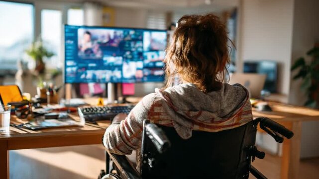 Person in a Wheelchair at Home Office: A person with disability navigates their home office, with computer screen displaying multiple windows, demonstrating versatility.