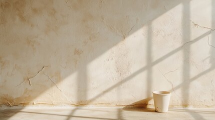 Minimalist Interior Design with Soft Natural Light and Textured Wall Featuring a Simple Pot on a Floor, Ideal for Home Decor Inspiration or Photography Background