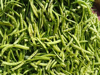 selective image of guar or cluster bean in dish also known in india as guwar, guar bean or cluster bean with the botanical name Cyamopsis tetragonoloba. Close up 