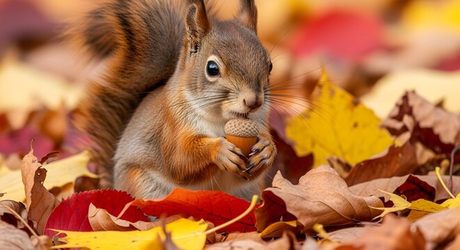 Close-up of squirrel holding acorn among fallen leaves.