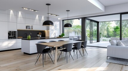 Modern open plan kitchen and dining area overlooking garden