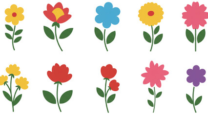 Solid Colorful Silhouette of Various Flowers Icon, Minimalist Flat Floral Logo Design on White Background