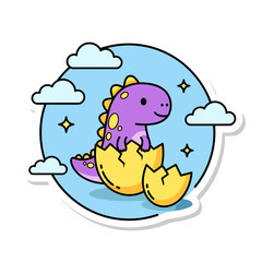 Cute purple dinosaur hatching from a yellow egg surrounded by clouds and stars, vector illustration