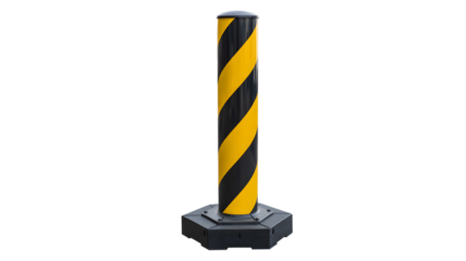 Sturdy, high-visibility safety bollard with bold yellow and black warning stripes, essential for traffic control and site demarcation.