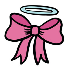 Hand drawn pink ribbon angel for decorations, sticker, kids, icon, print, girly elements, card, sign, symbol, tattoo, cute patch, brooch, pin, fashion, accessory