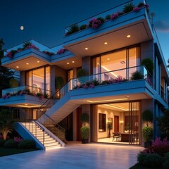 Obraz premium Luxurious modern mansion illuminated at night with expansive windows and elegant landscaping