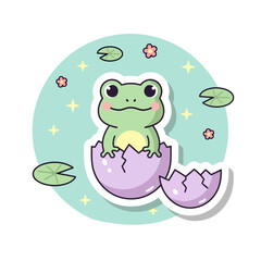 Naklejka premium Cute cartoon frog hatching from an egg, surrounded by water lilies and flowers