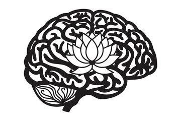 Abstract Black Brain with White Lotus Flower, Artistic Cerebral Anatomy