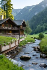 Fototapeta premium Wooden mountain lodge along a river flowing from the Swiss Alps