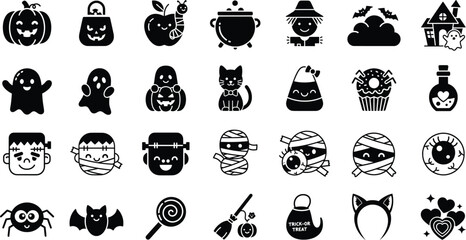 Solid black cute Halloween glyph icon set