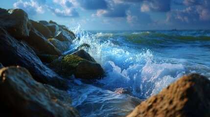 Majestic ocean waves crash against moss-covered rocks under a dramatic sky, capturing the raw power and beauty of nature's seaside embrace.