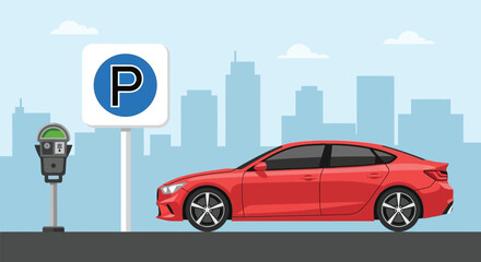 Red car parked near a parking meter and sign in a city.