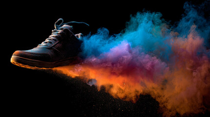 A Single Shoe Floats In Mid-Air, Emitting Vibrant Colored Smoke Under A Dramatic Spotlight