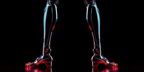 Sleek, metallic prosthetic legs against a black backdrop; futuristic design,  detail,  component