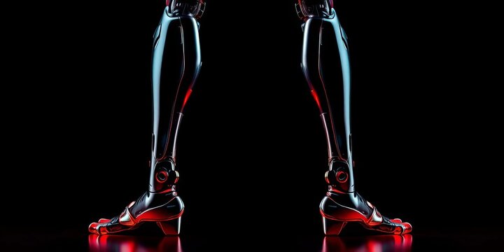 Sleek, metallic prosthetic legs against a black backdrop; futuristic design,  detail,  component - Powered by Adobe