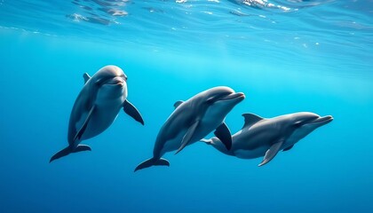 Fototapeta premium Three bottlenose dolphins swimming together in ocean, playfully interacting, cetacean, bottlenose
