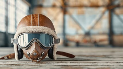 A vintage leather aviator helmet with goggles in a dusty hangar.
