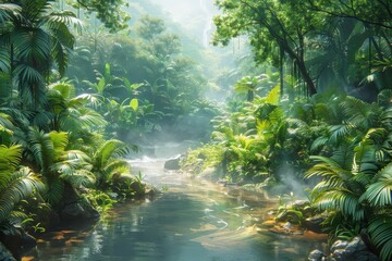 Fototapeta premium Lush jungle scene with a winding river.