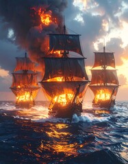 Obraz premium Burning ships at sunset