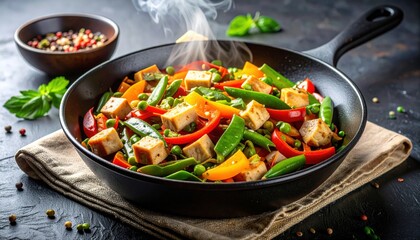 Steaming tofu stir fry with vegetables in skillet on dark tabletop during daytime